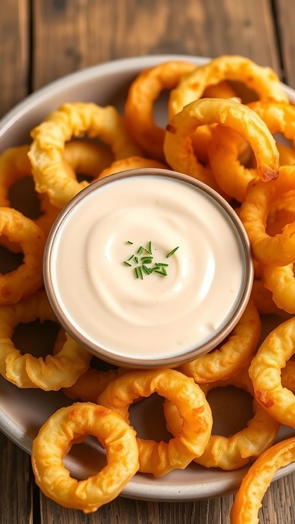 Creamy Onion Ring Dipping Sauce Recipe Creamy dipping sauce in a bowl with crispy onion rings on a wooden table.